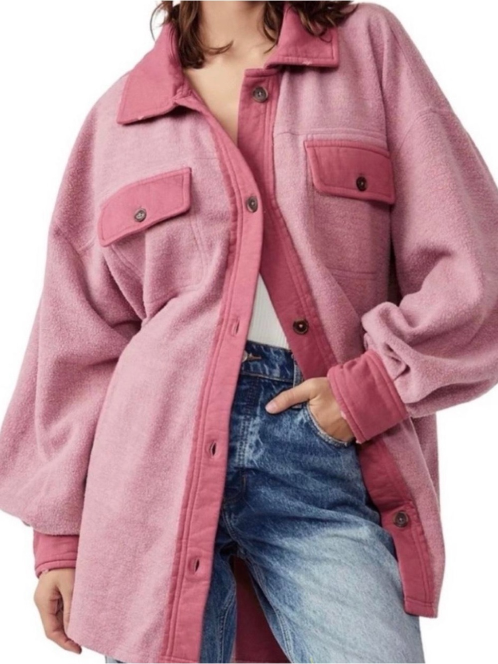 Free People Dusty Pink Fleece Utility Shacket